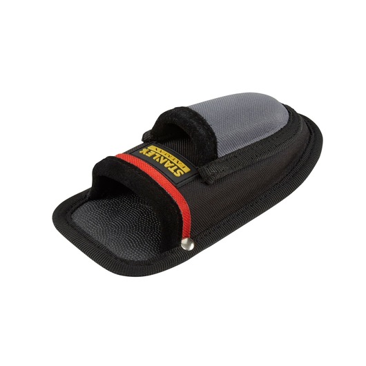 Photo of STANLEY 0-10-028 utility knife pouch, black and grey fabric with red trim, angled on white background.