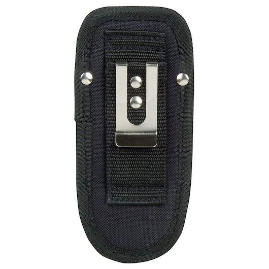 STANLEY 0-10-028 black utility knife pouch with metal belt clip, front angle on white background.