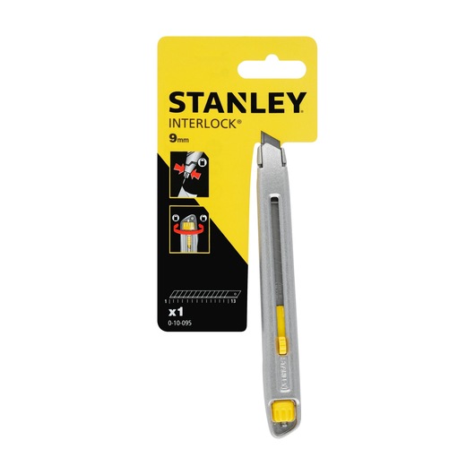 STANLEY 0-10-095 utility knife, 9mm, silver body with yellow slider, front angle, in retail packaging.