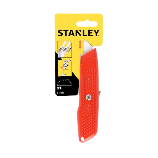 STANLEY 0-10-189 photography of red utility knife, front angle, with yellow and black packaging.