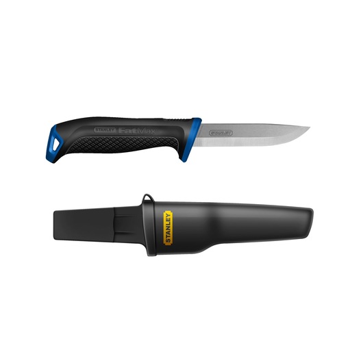 STANLEY 0-10-232 fixed blade knife with black and blue handle and black sheath, straight side view on white background.