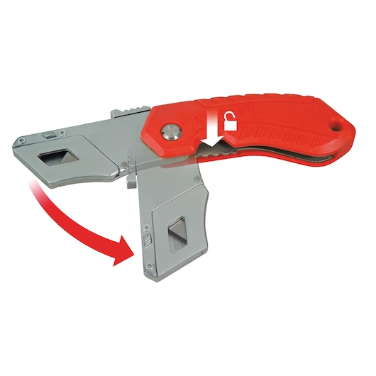 STANLEY 0-10-243 folding utility knife with red handle, shown opening, white background.