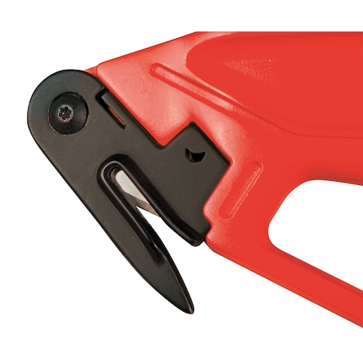 STANLEY 0-10-245 utility knife hook blade close-up, red and black handle, white background.