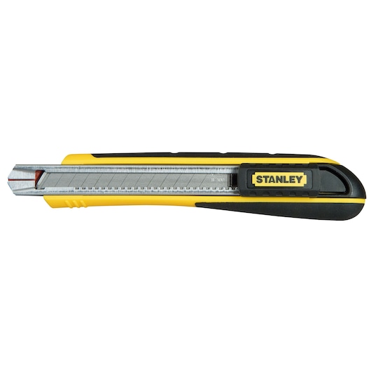 Photo of STANLEY 0-10-475 yellow and black utility knife, side view, showing retractable blade.
