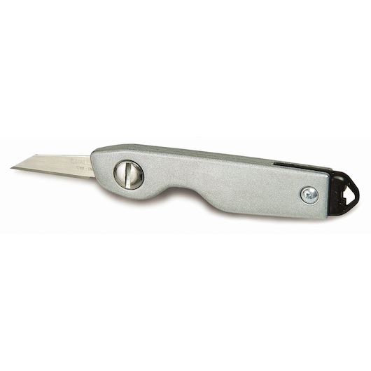 Photo of STANLEY 0-10-598 silver utility knife, side view, showing handle and straight blade.