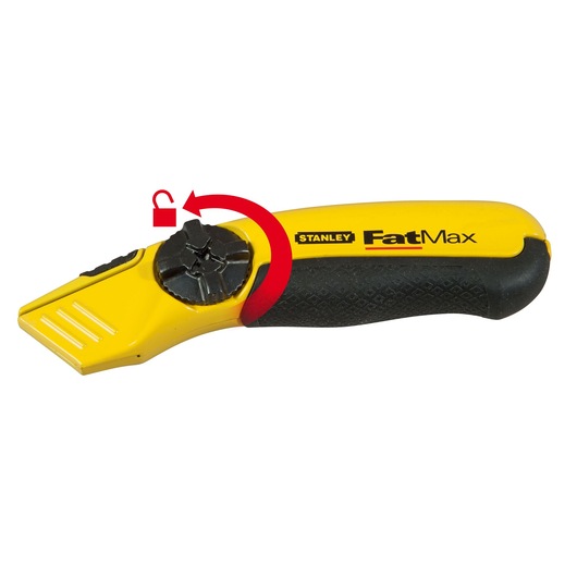 STANLEY FatMax utility knife 0-10-780, yellow and black, side view with lock symbol and arrow showing knob rotation.