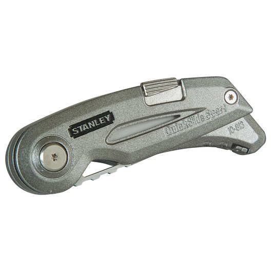STANLEY 0-10-813 folding utility knife, grey metal, closed side view on white background.