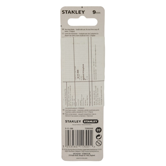 Stanley 0-11-300 photography of 9mm snap-off utility blades packaging, rear view on white background.