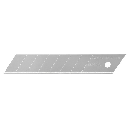 STANLEY 0-11-301 utility knife snap-off blade, silver, straight-on angle, with segmented cutting edges.