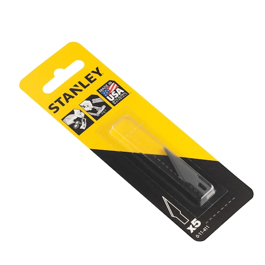 Stanley 0-11-411 precision knife blades pack, black and yellow packaging, top angle photo.