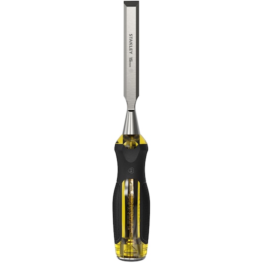 STANLEY 0-16-256 FatMax chisel, 15mm, yellow and black handle, front view on white background