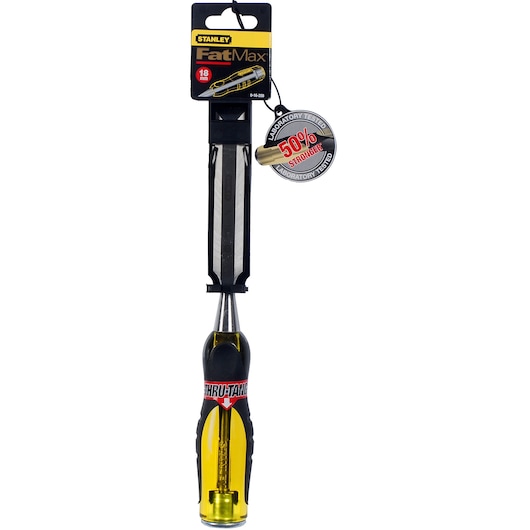 STANLEY 0-16-258 FatMax chisel, yellow and black handle, front angle on white background.