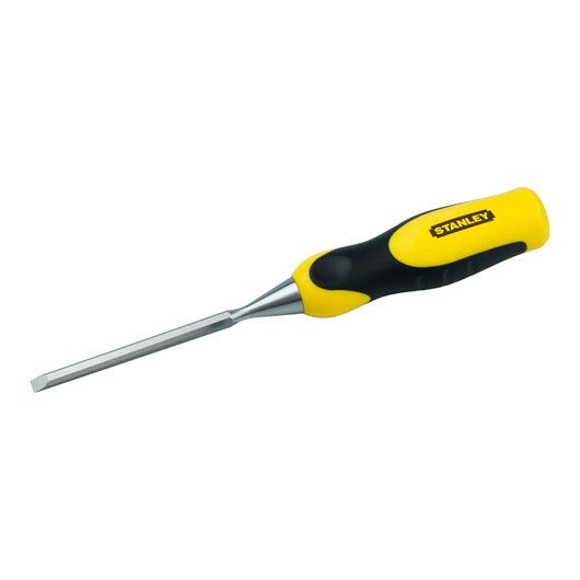 A Stanley woodworking chisel with a yellow and black ergonomic handle and a sharp metal blade, positioned against a white