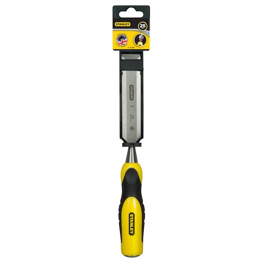 STANLEY 0-16-880 woodworking chisel with yellow and black ergonomic handle, front view on white background.