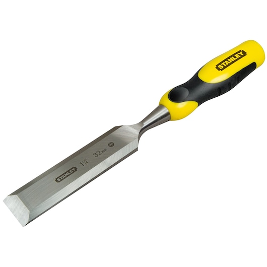 Photo of STANLEY 0-16-881 woodworking chisel with yellow and black handle, angled view on white background.