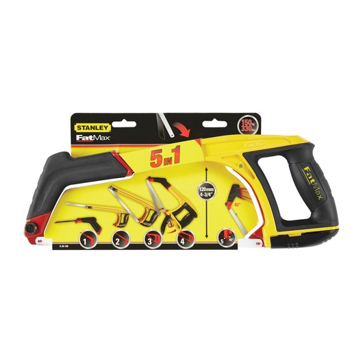 STANLEY 0-20-108 FatMax 5-in-1 hacksaw, yellow and black, side angle on white background.