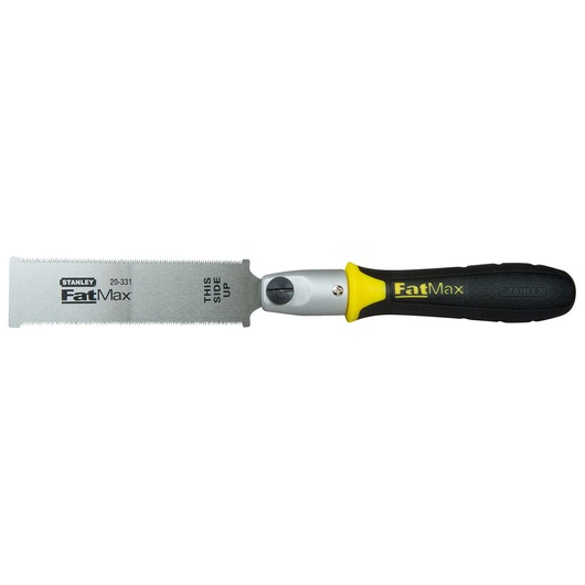 Photo of STANLEY 0-20-331 FatMax dovetail saw with black and yellow handle, straight-on angle on white background.
