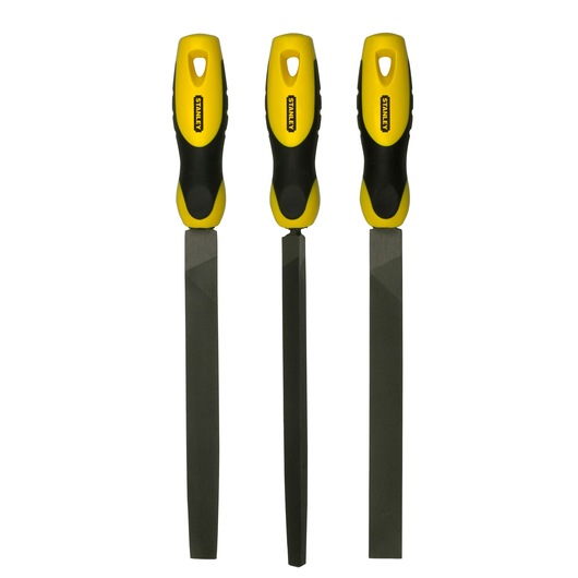 Three STANLEY metal files with yellow and black handles, arranged vertically side by side on a white background.
