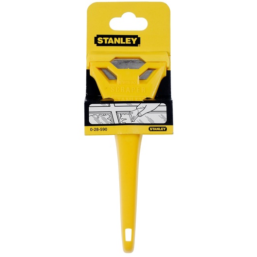 STANLEY 0-28-590 yellow scraper tool in retail packaging, blade visible, photographed from front.