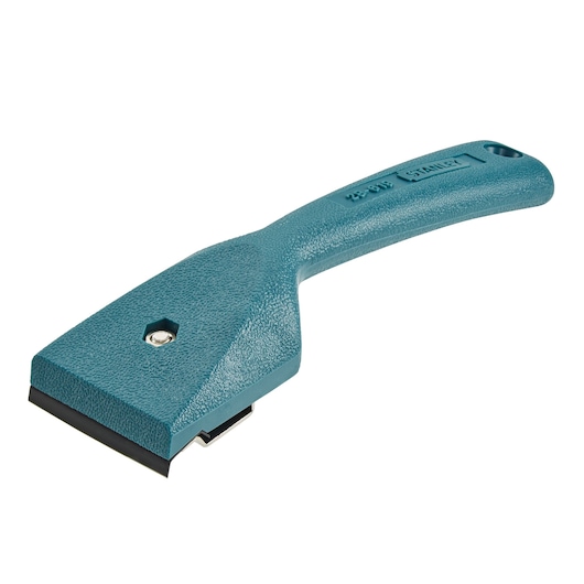 Stanley blue-handled scraper tool with a flat metal blade, designed for surface cleaning and removal.