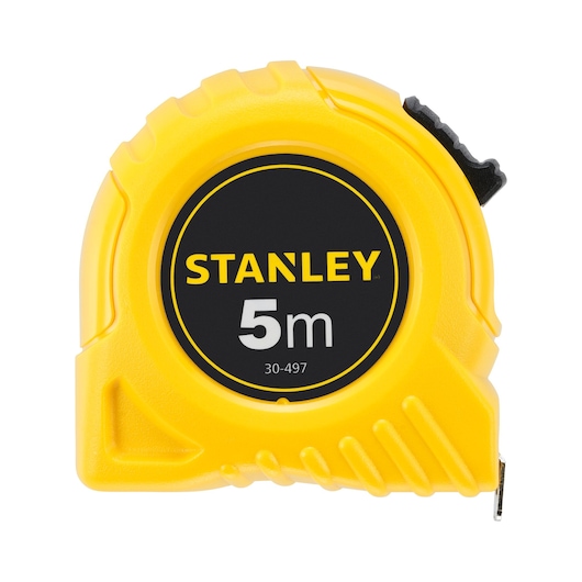 STANLEY 0-30-497 yellow 5m tape measure, photography, front angle on white background.