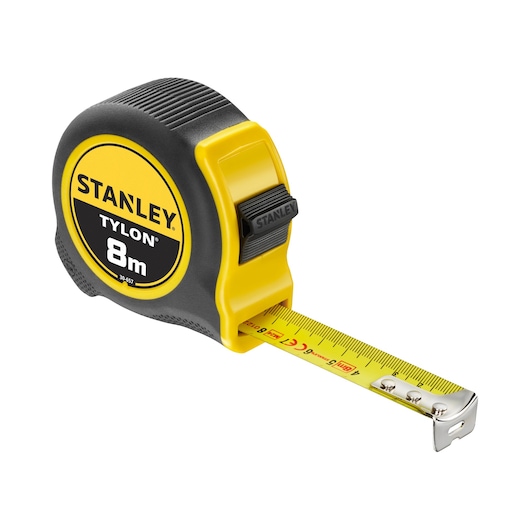 STANLEY 0-30-657 tape measure, 8m, yellow and black, side angle on white background.
