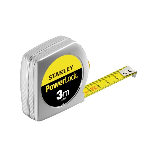 STANLEY 0-33-218 PowerLock tape measure, 3m, silver casing, front angle, yellow marked blade