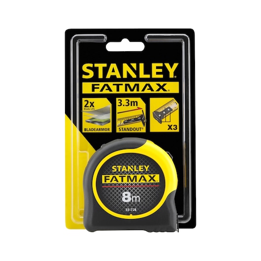 STANLEY 0-33-728 FATMAX tape measure 8m, yellow and black, front view in packaging.