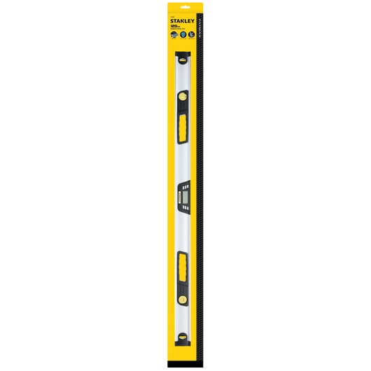 STANLEY 0-42-086 digital spirit level in yellow and black, front angle, packaged in branded cardboard.