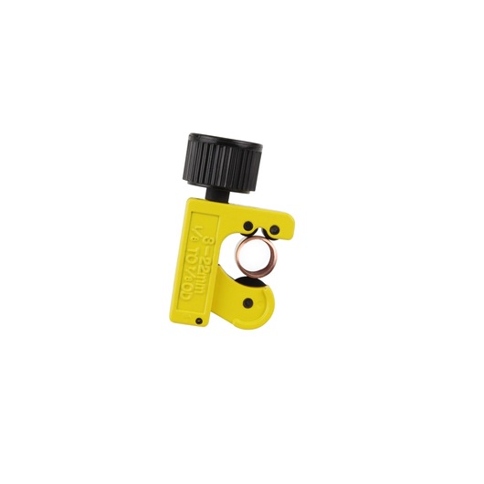 STANLEY 0-70-447 pipe cutter with yellow body and black knob, side angle on white background.
