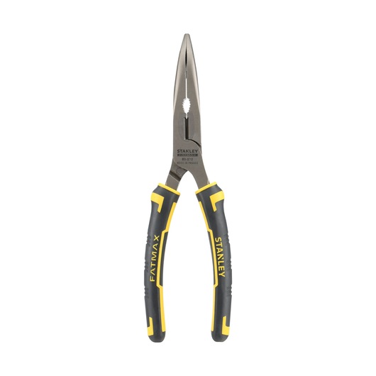 STANLEY 0-89-872 long nose pliers with black and yellow grip handles, front product photo on white background.