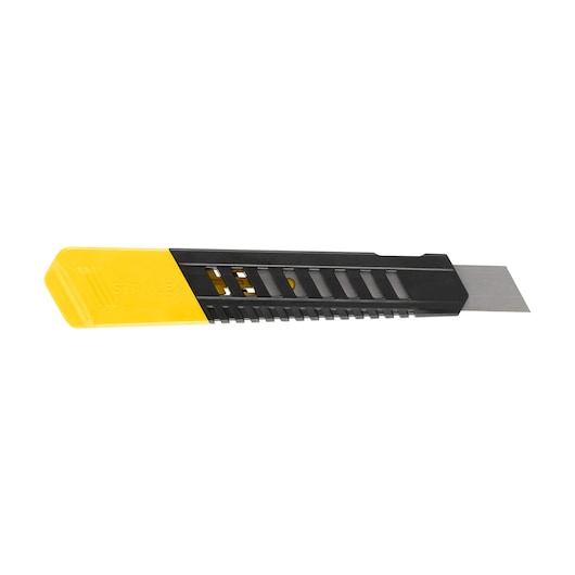 Photo of STANLEY 1-10-151 utility knife with yellow and black handle, side view on white background.