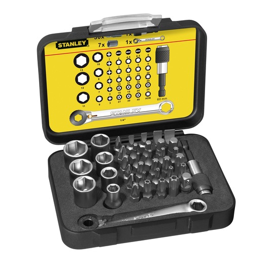 Stanley socket and bit set in a black case with yellow lid, various sizes and wrench for repairs or assembly.