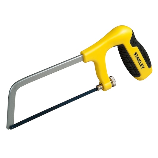 Stanley hacksaw with yellow handle and black grip, designed for cutting metal or plastic materials.