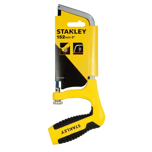 STANLEY 1-15-317 hacksaw, yellow and black, front angle, ergonomic handle, 152mm blade, photography.