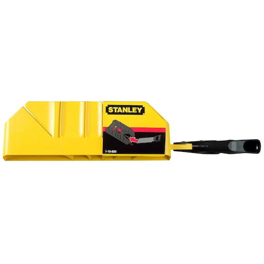 Stanley 1-19-800 plastic mitre box with saw, yellow and black, front angle, Photography.