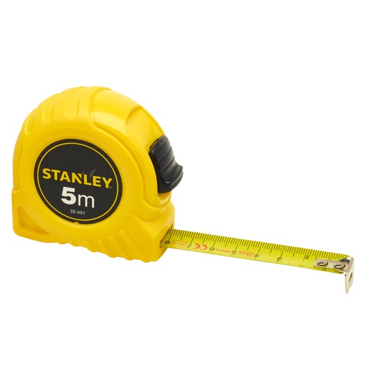 STANLEY 1-30-497 yellow tape measure with black button, 5m length, product photography, front angle.