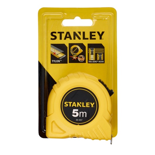 STANLEY 1-30-497 tape measure, yellow, 5m length, in retail packaging, front angle.