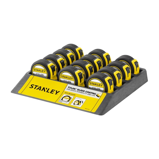 Stanley 1-30-687 tape measures pack, yellow and black, front angle on white background.