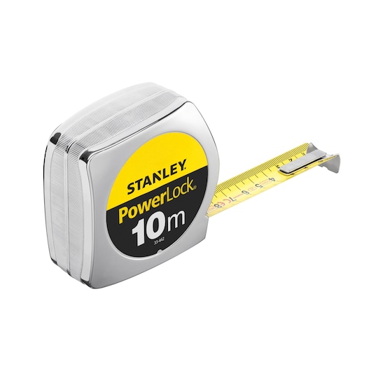 STANLEY 1-33-442 PowerLock tape measure, 10m, silver body, yellow tape, side angle photo.