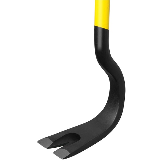 STANLEY 1-55-504 pry bar with yellow and black finish, close-up of claw end on white background.