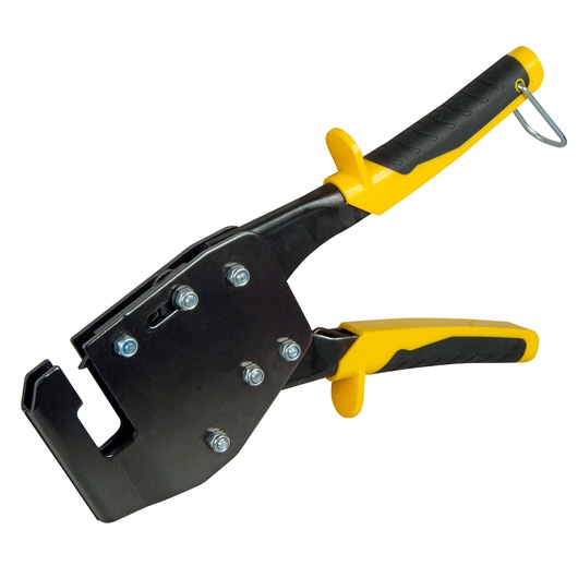 A Stanley metal hole punch tool with yellow and black handles, suitable for professional sheet metal work.