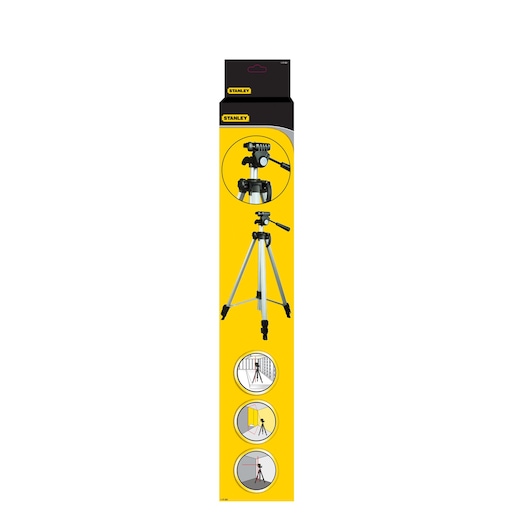 STANLEY 1-77-201 photography tripod packaging, yellow box with tripod and feature illustrations, front view.