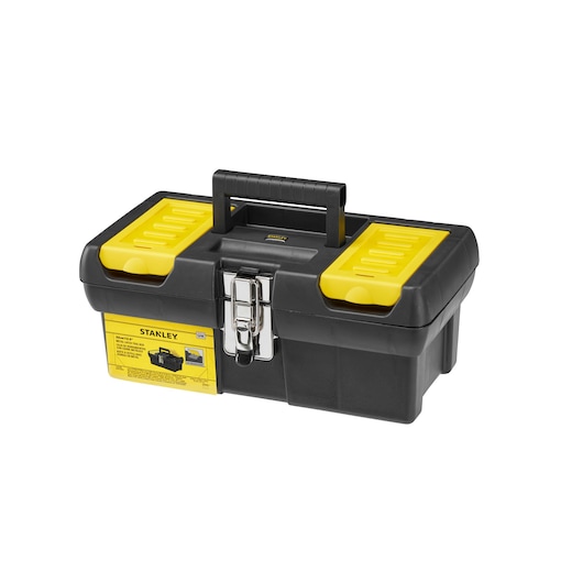 STANLEY 1-92-064 black and yellow toolbox with metal latch; photography, front angle, white background.