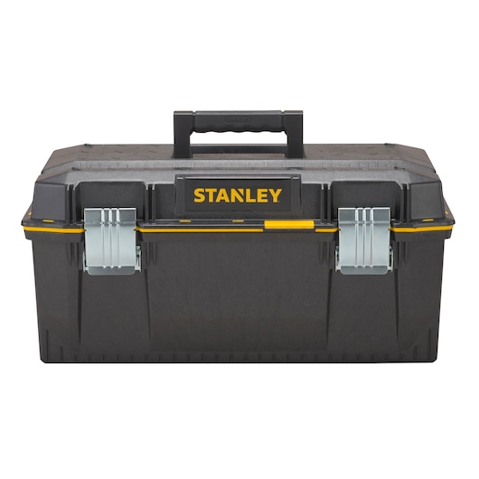 STANLEY 1-93-935 black toolbox with metal latches and handle, front angle, photography.