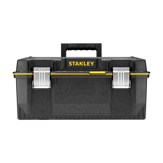 STANLEY 1-94-749 FATMAX toolbox, black with yellow accents, silver front latches, front angle photo.