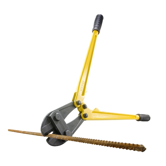 STANLEY 1-95-564 bolt cutter with yellow handles cutting a metal rod, side angle on white background.