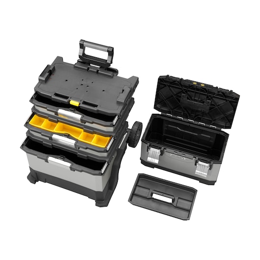 STANLEY 1-95-622 rolling tool box set, black and gray with yellow compartments, shown open at high angle.