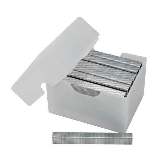 STANLEY 1-TRA708-5T box of silver staples with open lid, single staple strip in front, photographed on white background.