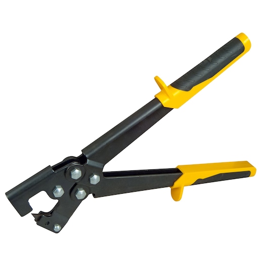 Stanley hand tool with yellow and black grip handles, used for crimping or fastening, isolated on white background.